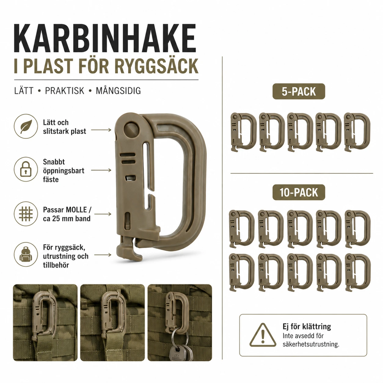 Karbinhake i Plast för Ryggsäck