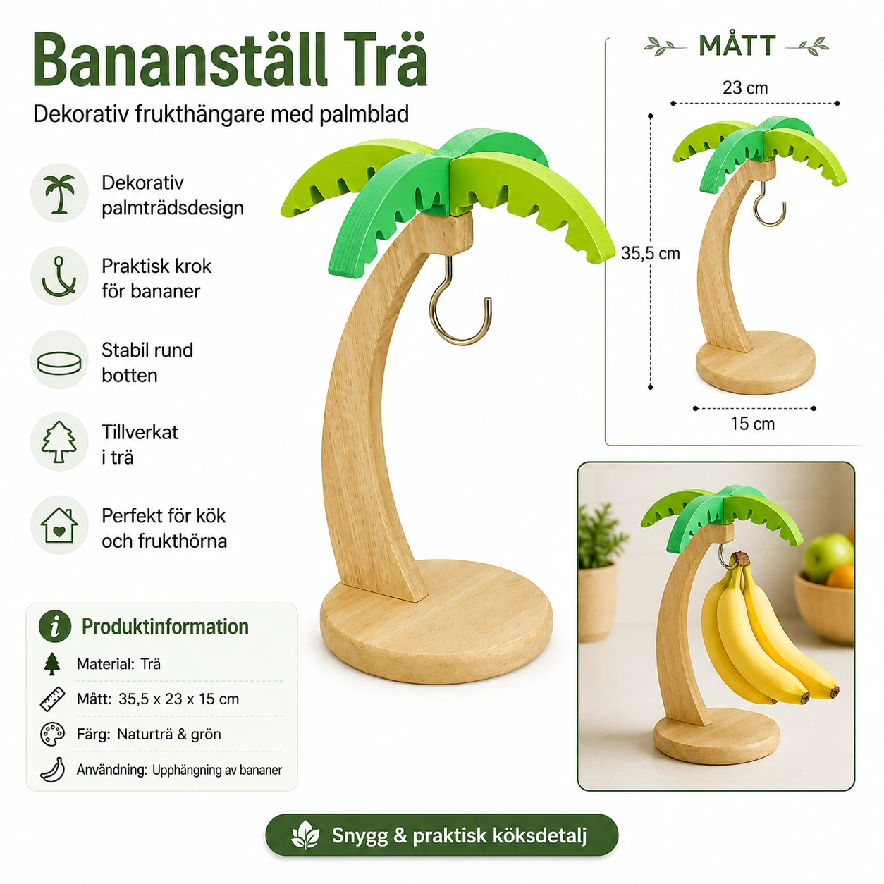 Bananställ Trä – Dekorativ Frukthängare med Palmblad