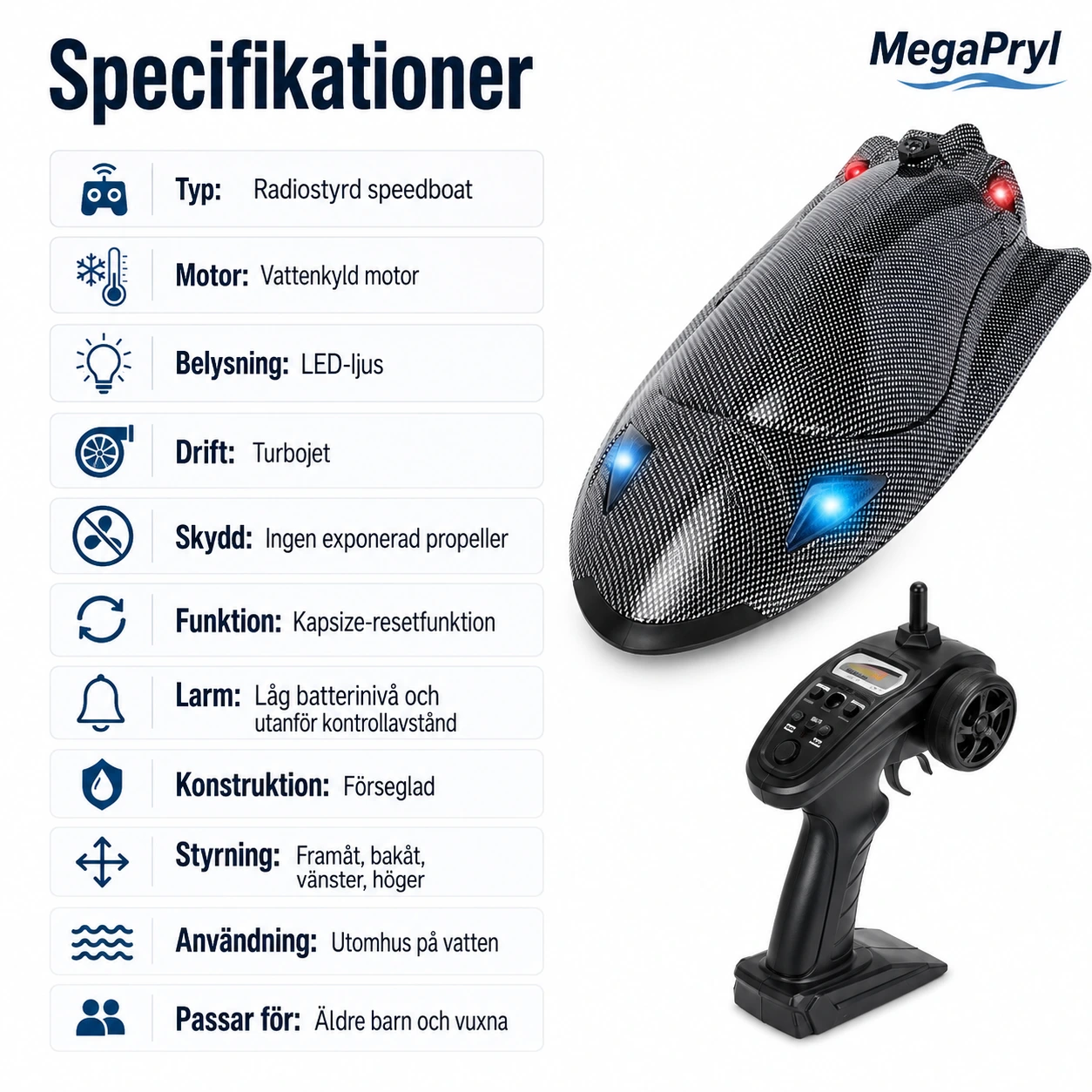 Radiostyrd speedboat med vattenkyld motor och LED-ljus
