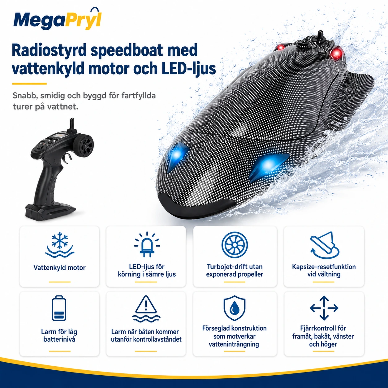 Radiostyrd speedboat med vattenkyld motor och LED-ljus