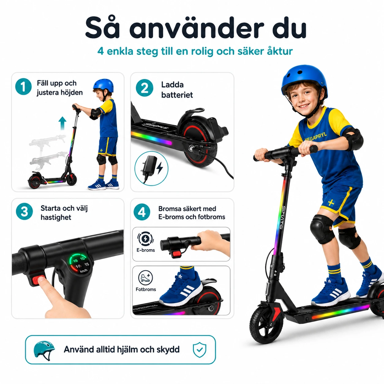 Elsparkcykel för Barn 130W – Hopfällbar med LED