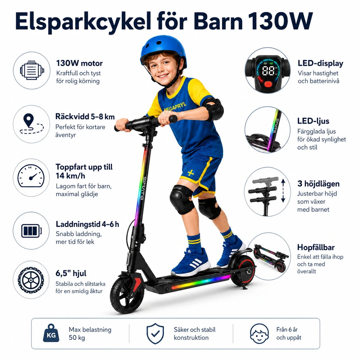 Elsparkcykel för Barn 130W – Hopfällbar med LED