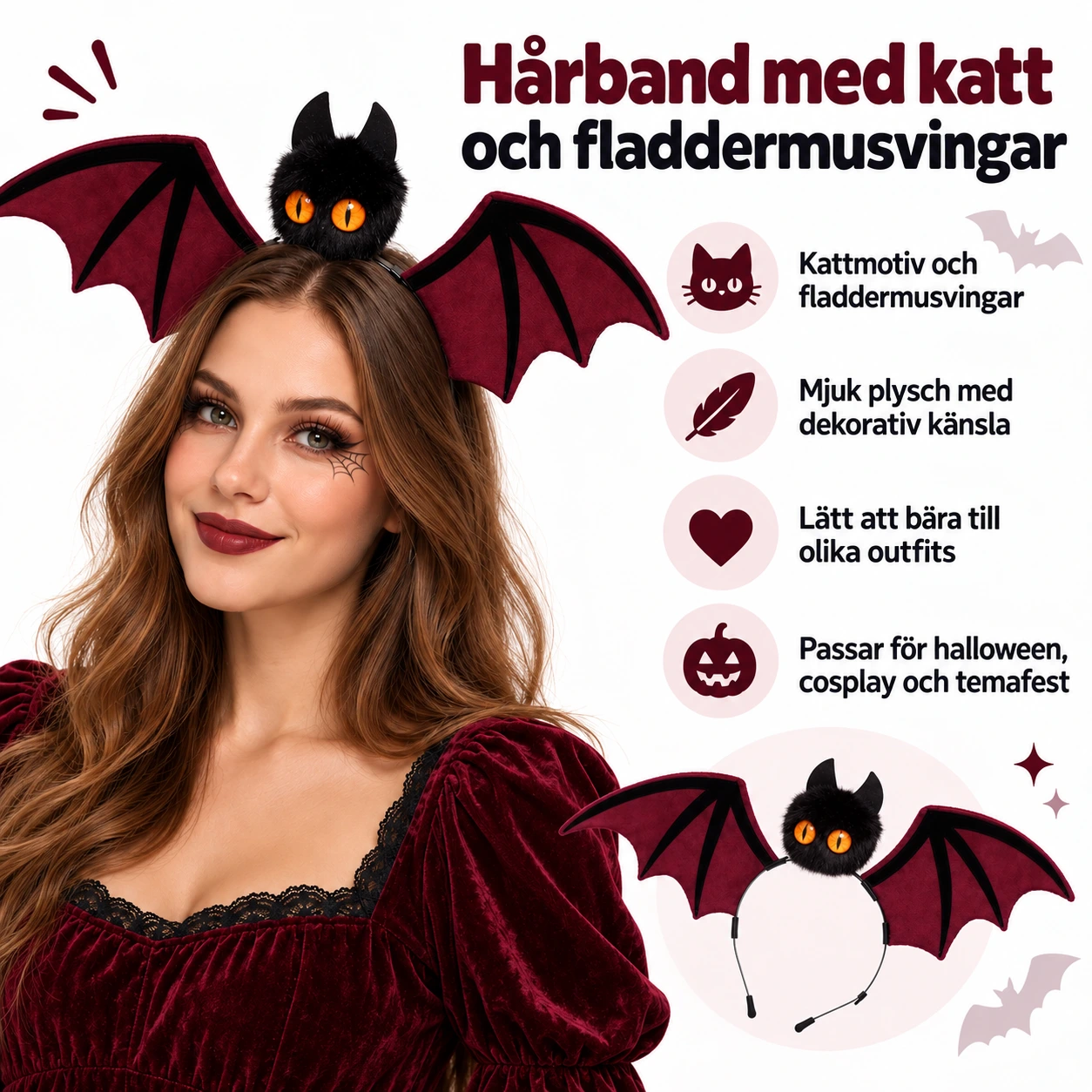 Hårband katt med fladdermusvingar i plysch