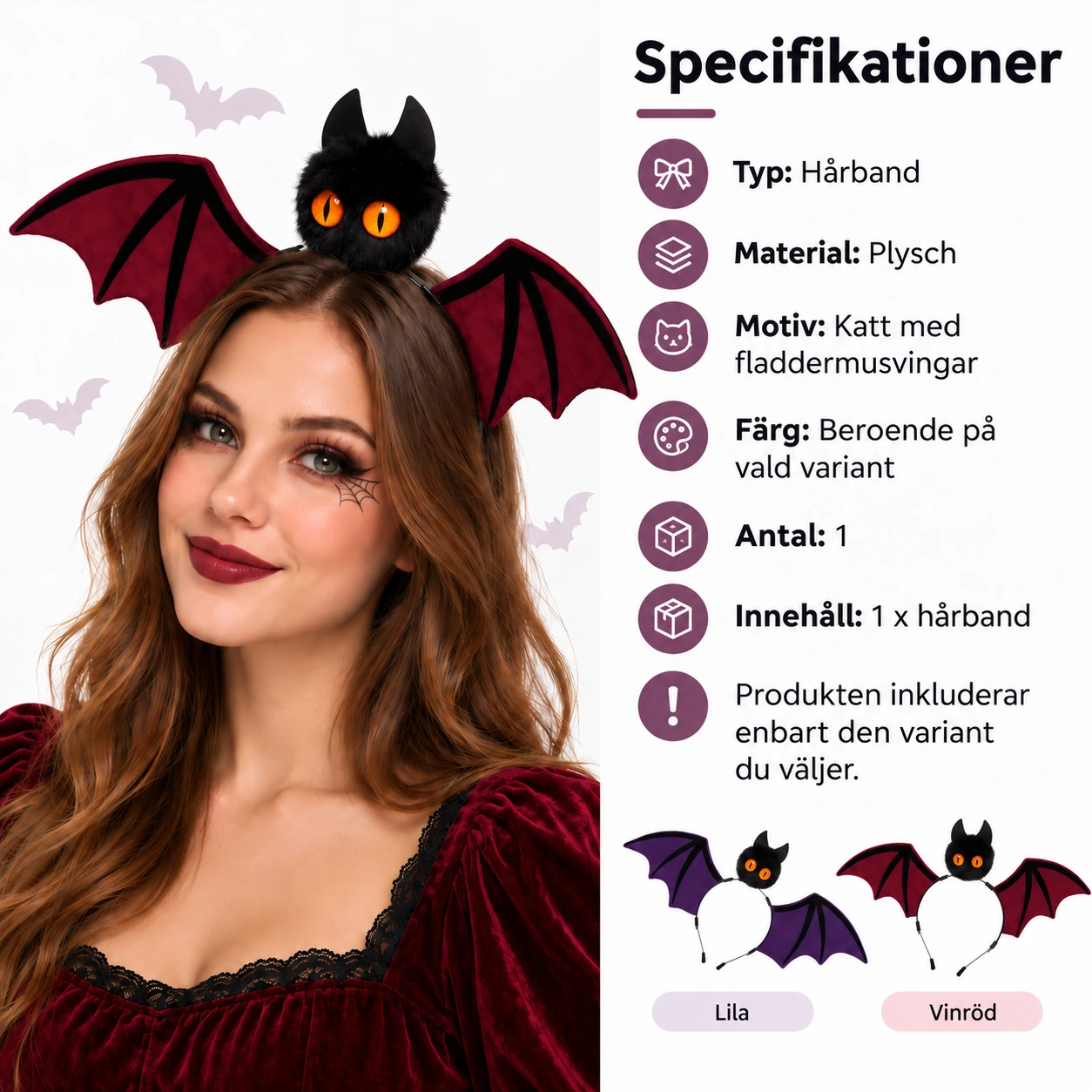 Hårband katt med fladdermusvingar i plysch