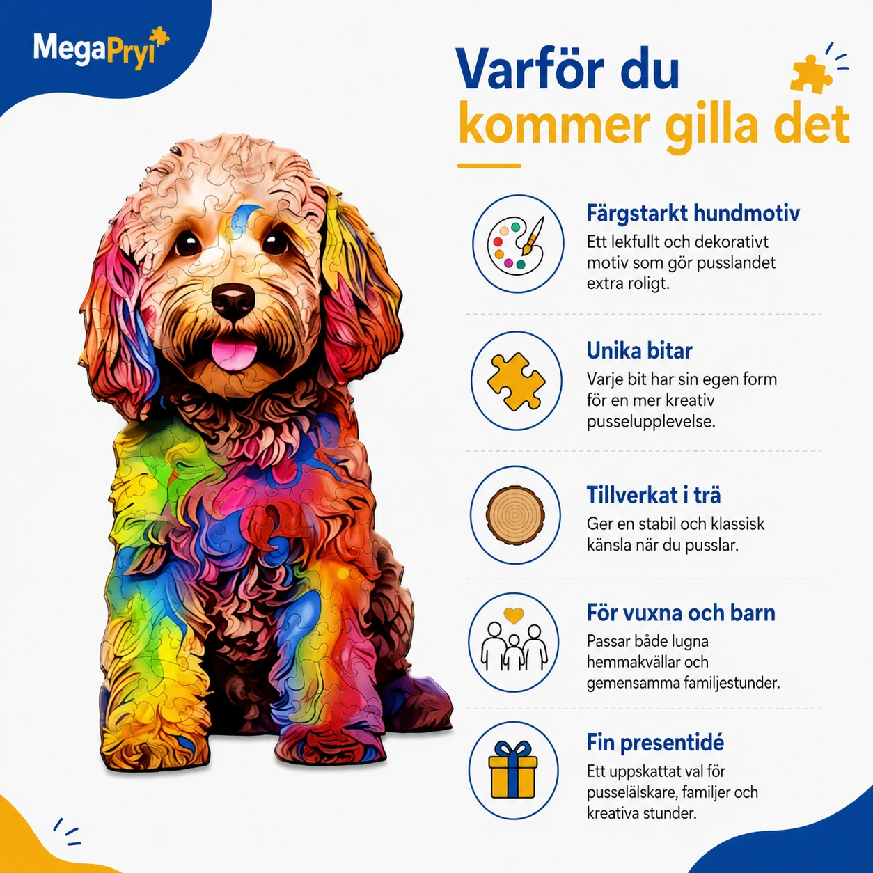 Träpussel Hund Färgglatt Motiv för Vuxna och Barn