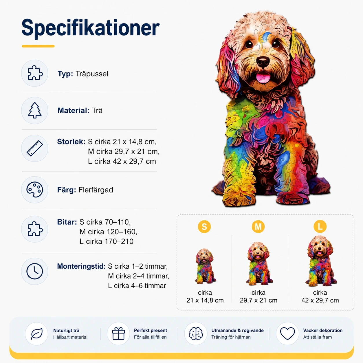 Träpussel Hund Färgglatt Motiv för Vuxna och Barn