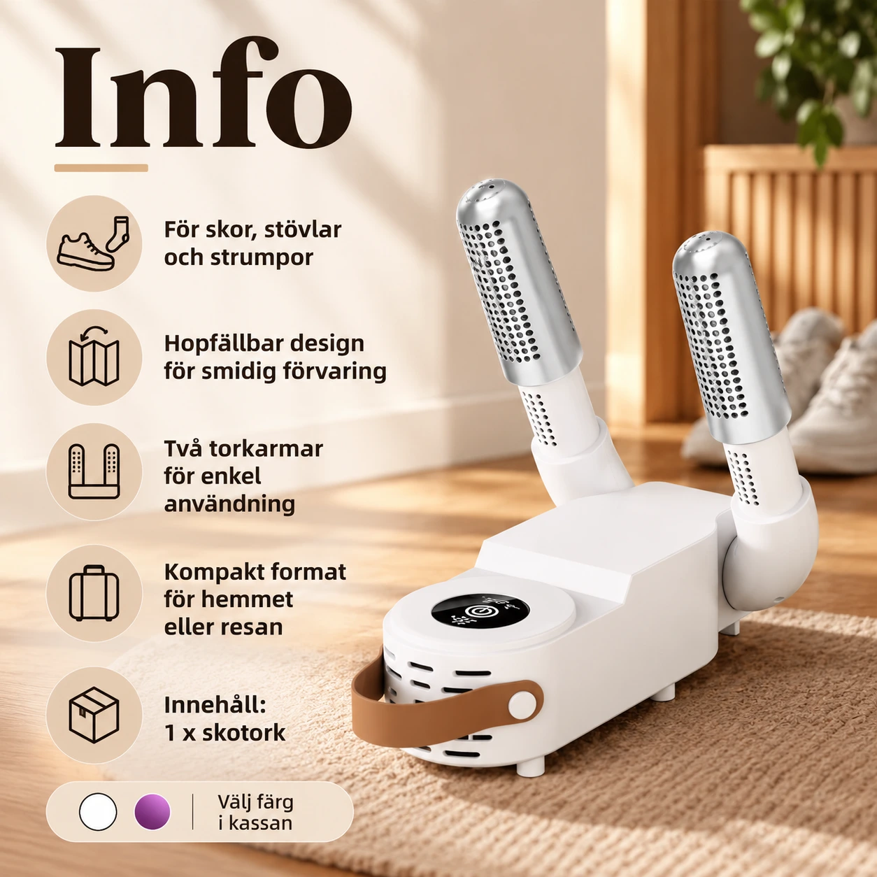 Kokoontaitettava kengänkuivain kengille ja sukille