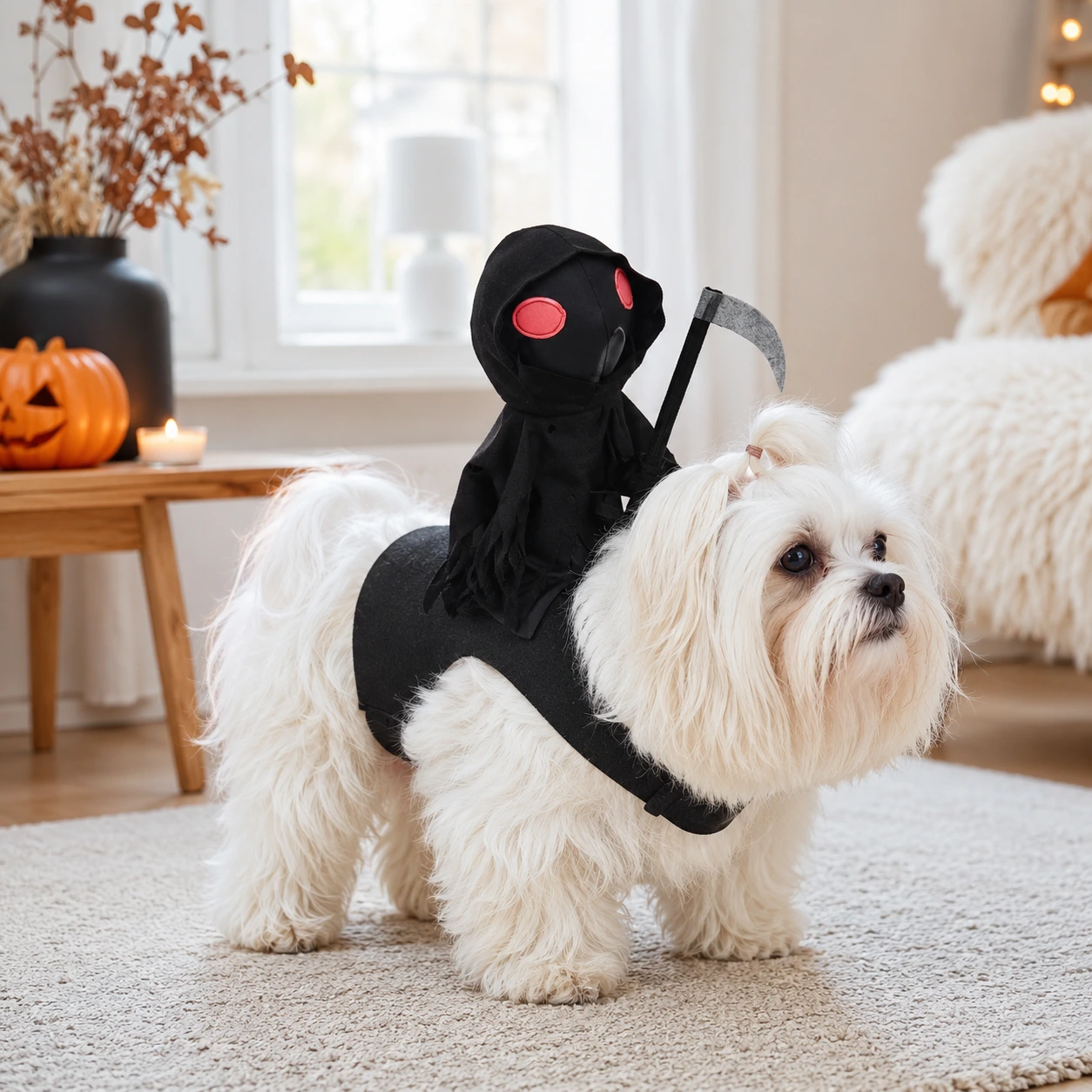 Halloween-asu koiralle ja kissalle viikatemiehen kanssa