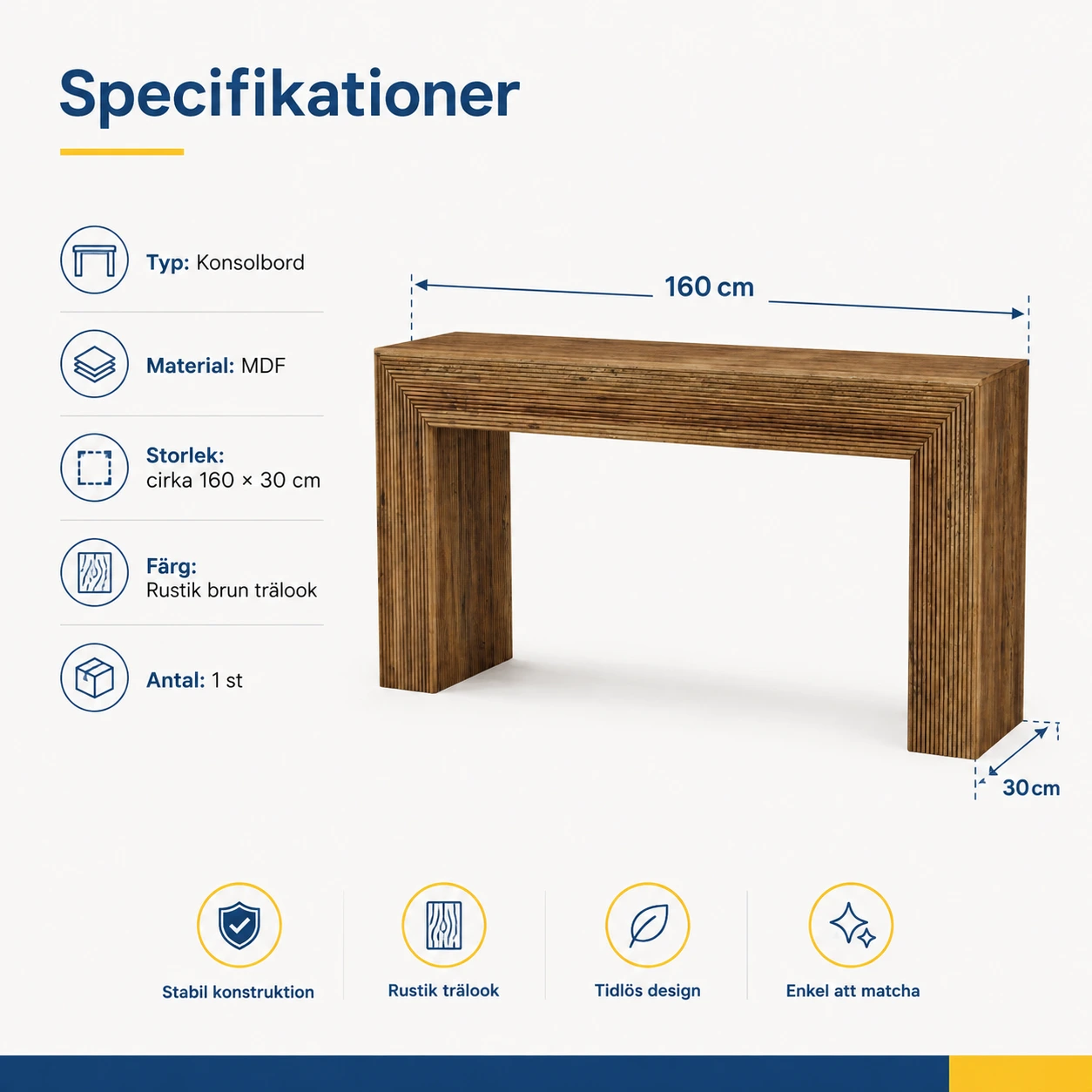 Konsolbord för hall och vardagsrum, 160 cm