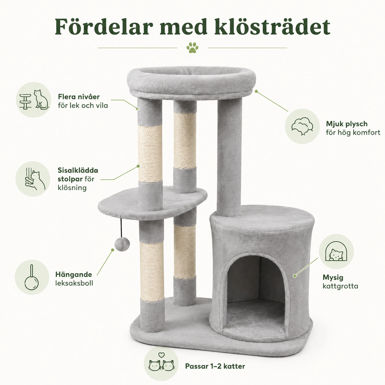 Klösträd för katt med kattgrotta och plattformar