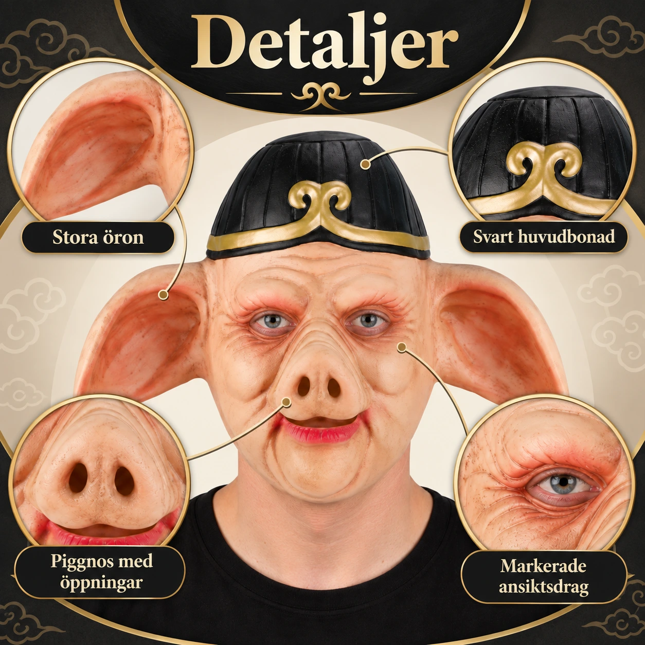 Mask grisansikte i latex med svart huvudbonad