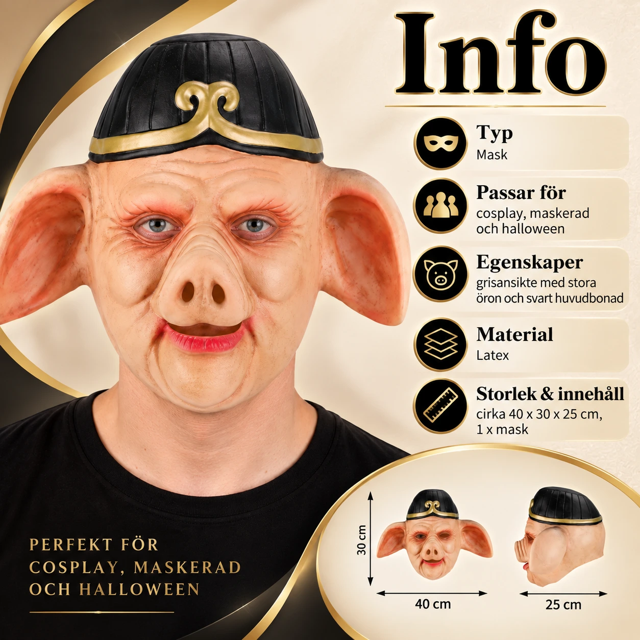 Mask grisansikte i latex med svart huvudbonad