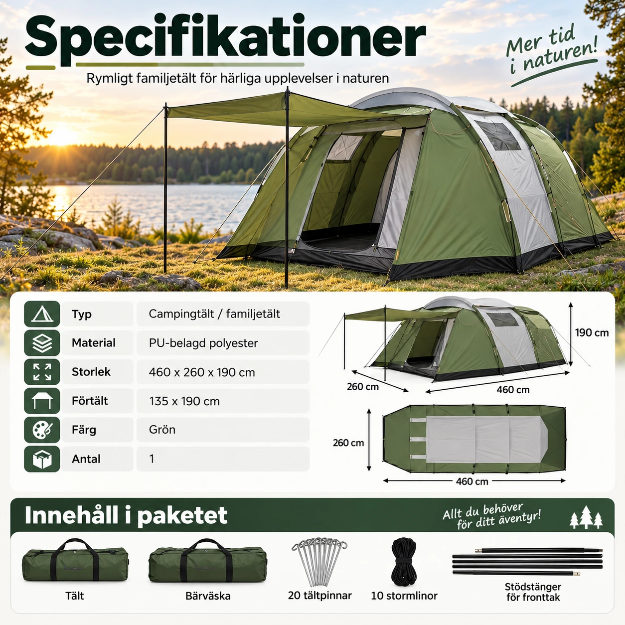 Campingtält för 3–4 personer med förtält och två rum