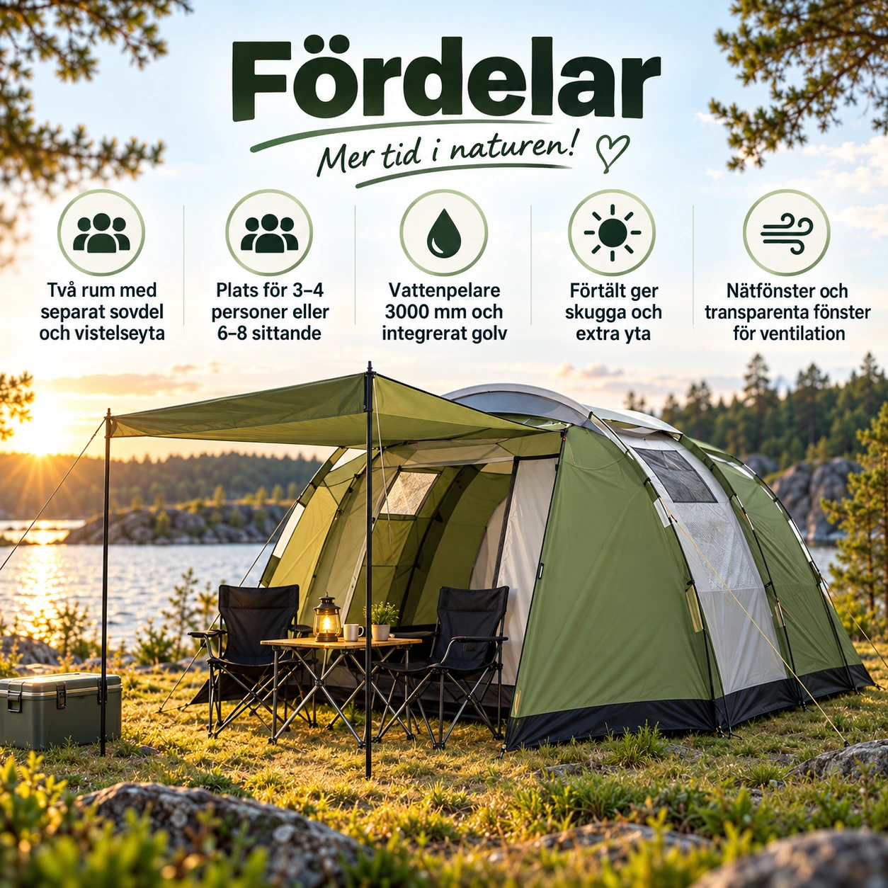 Campingtält för 3–4 personer med förtält och två rum