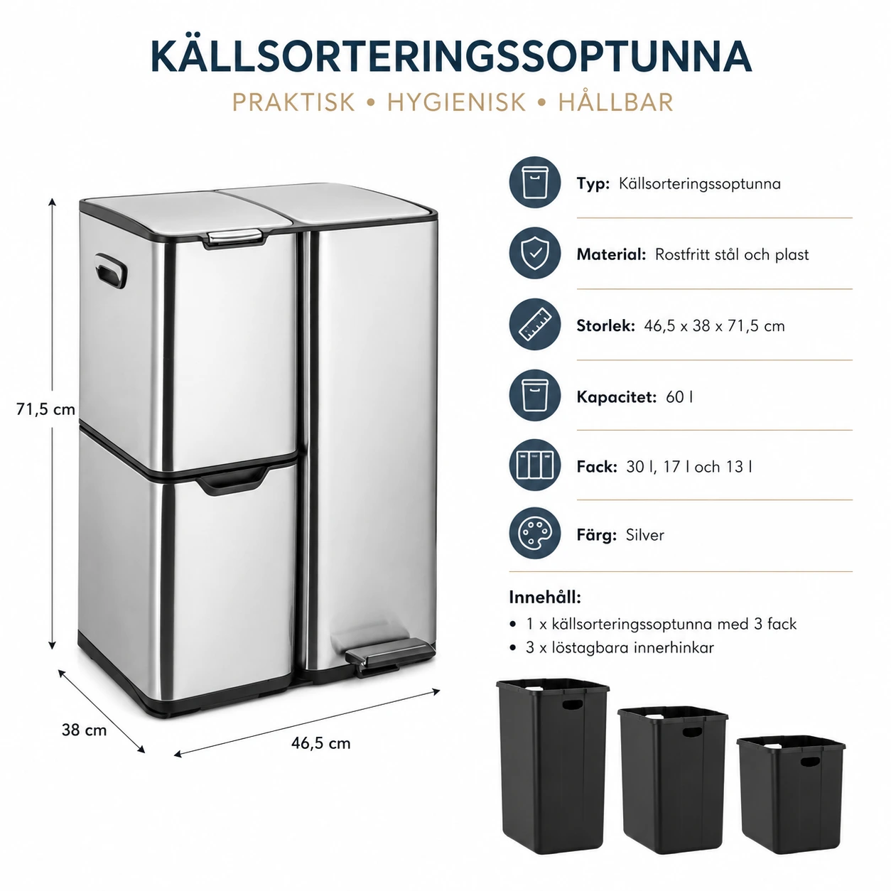 Källsorteringssoptunna 60 l med 3 fack och mjukstängande lock