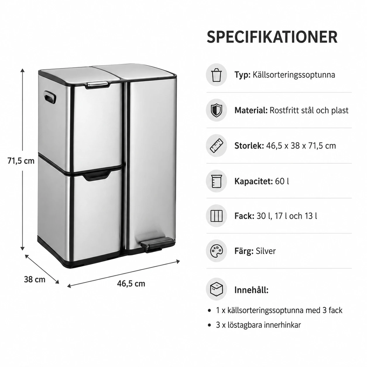 Källsorteringssoptunna 60 l med 3 fack och mjukstängande lock