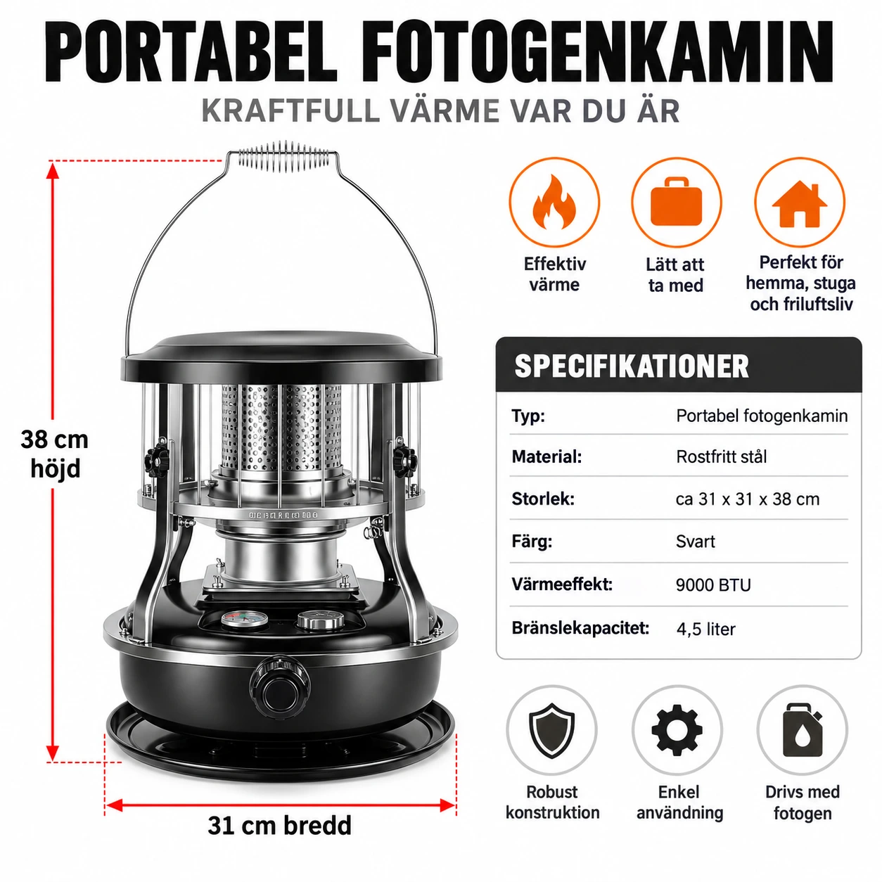 Portabel fotogenkamin för inomhus och utomhus, 4,5 l