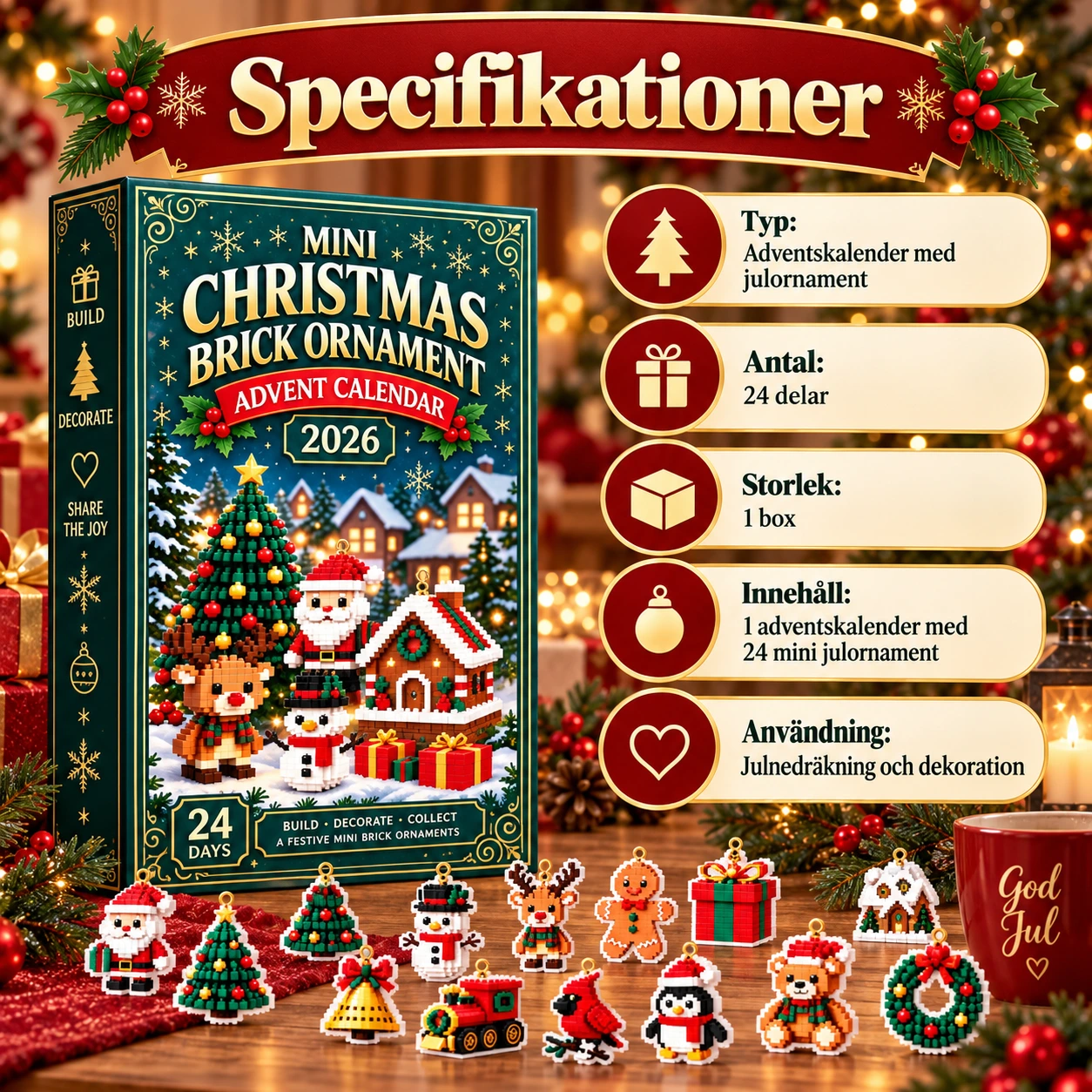 Joulukalenteri pienillä joulukoristeilla, 24 osaa