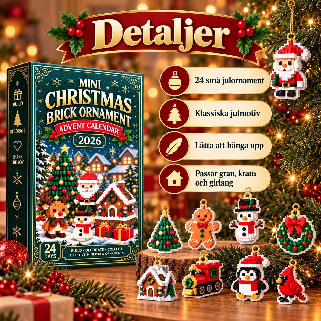 Adventskalender med mini julornament, 24 delar
