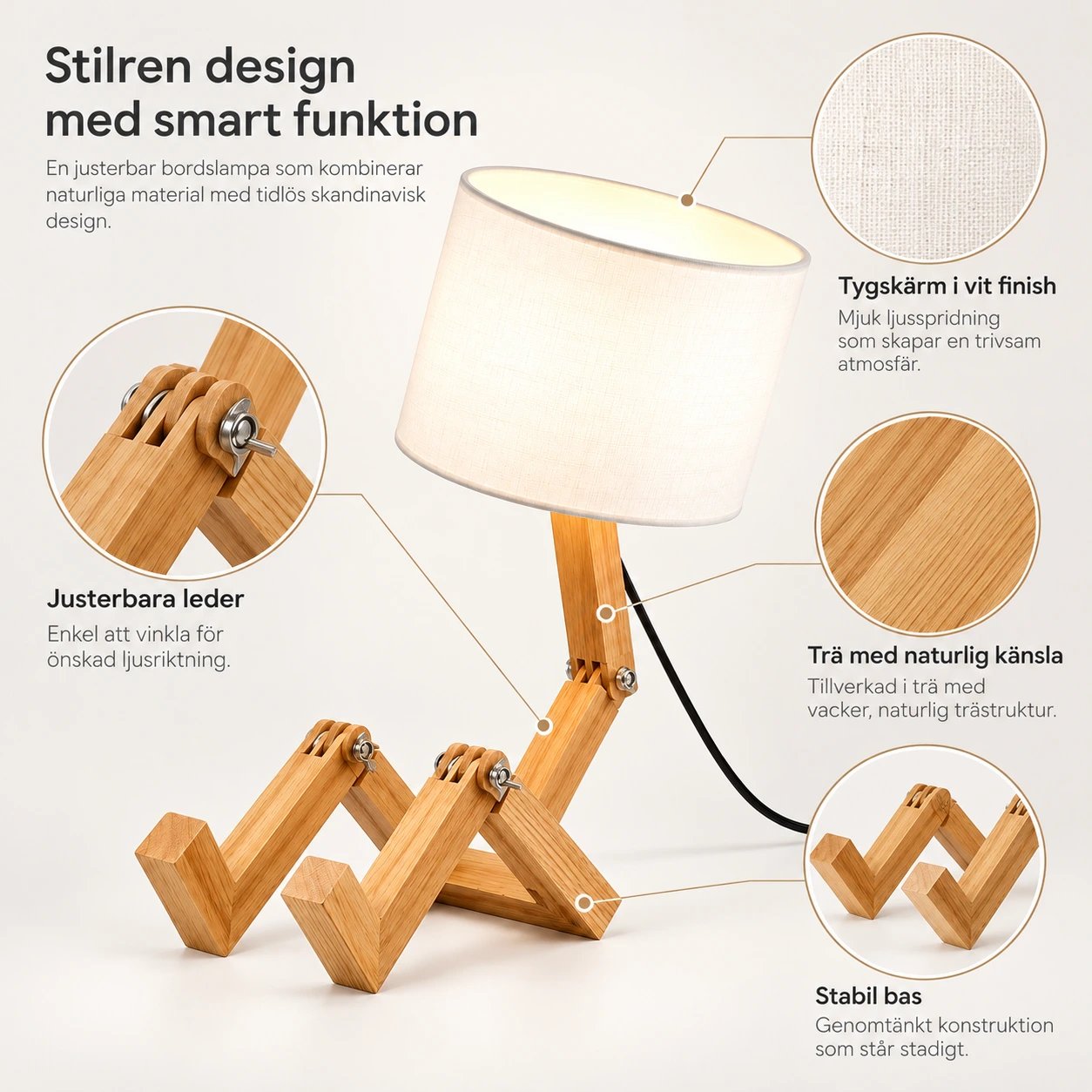 Bordslampa i trä med justerbar design