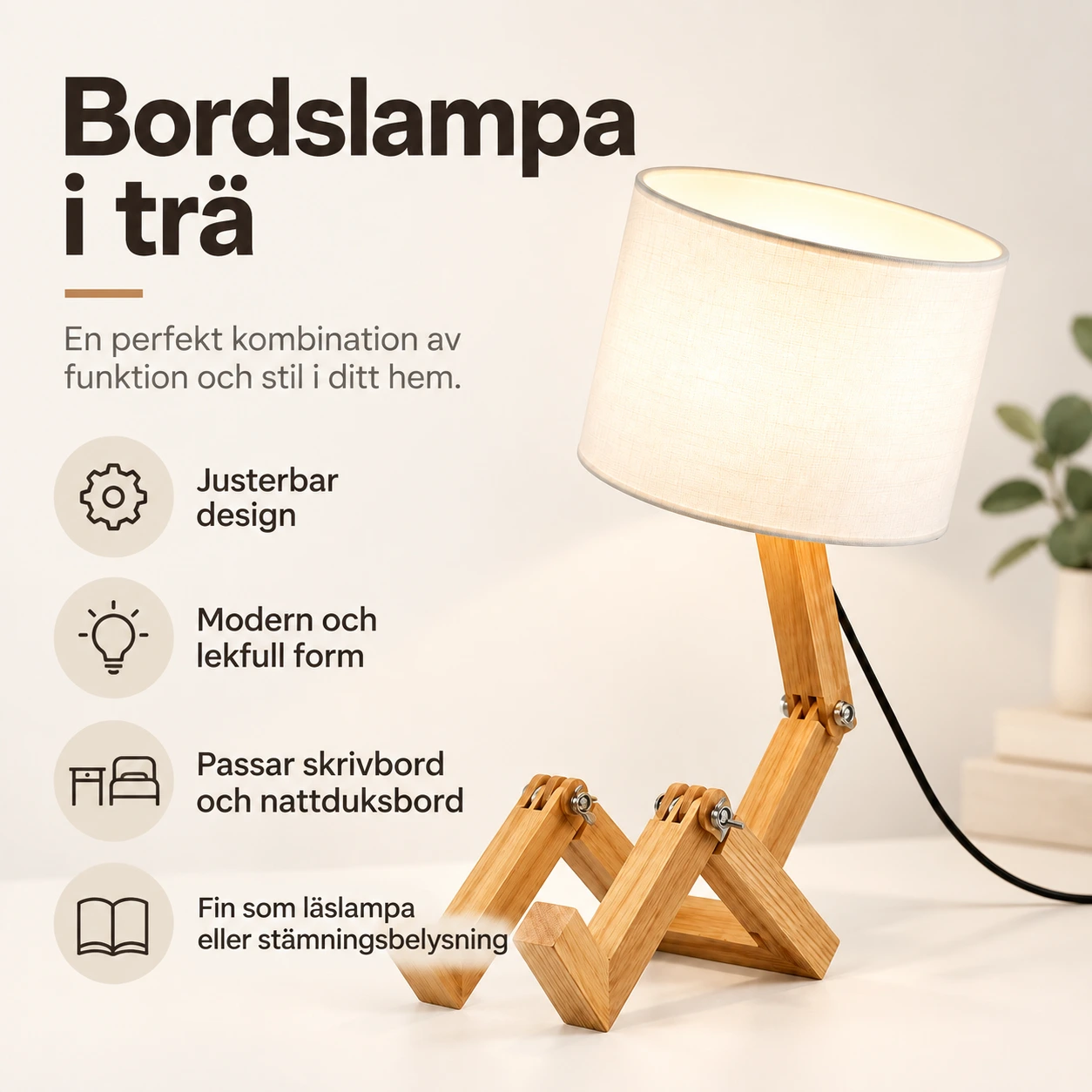 Bordslampa i trä med justerbar design