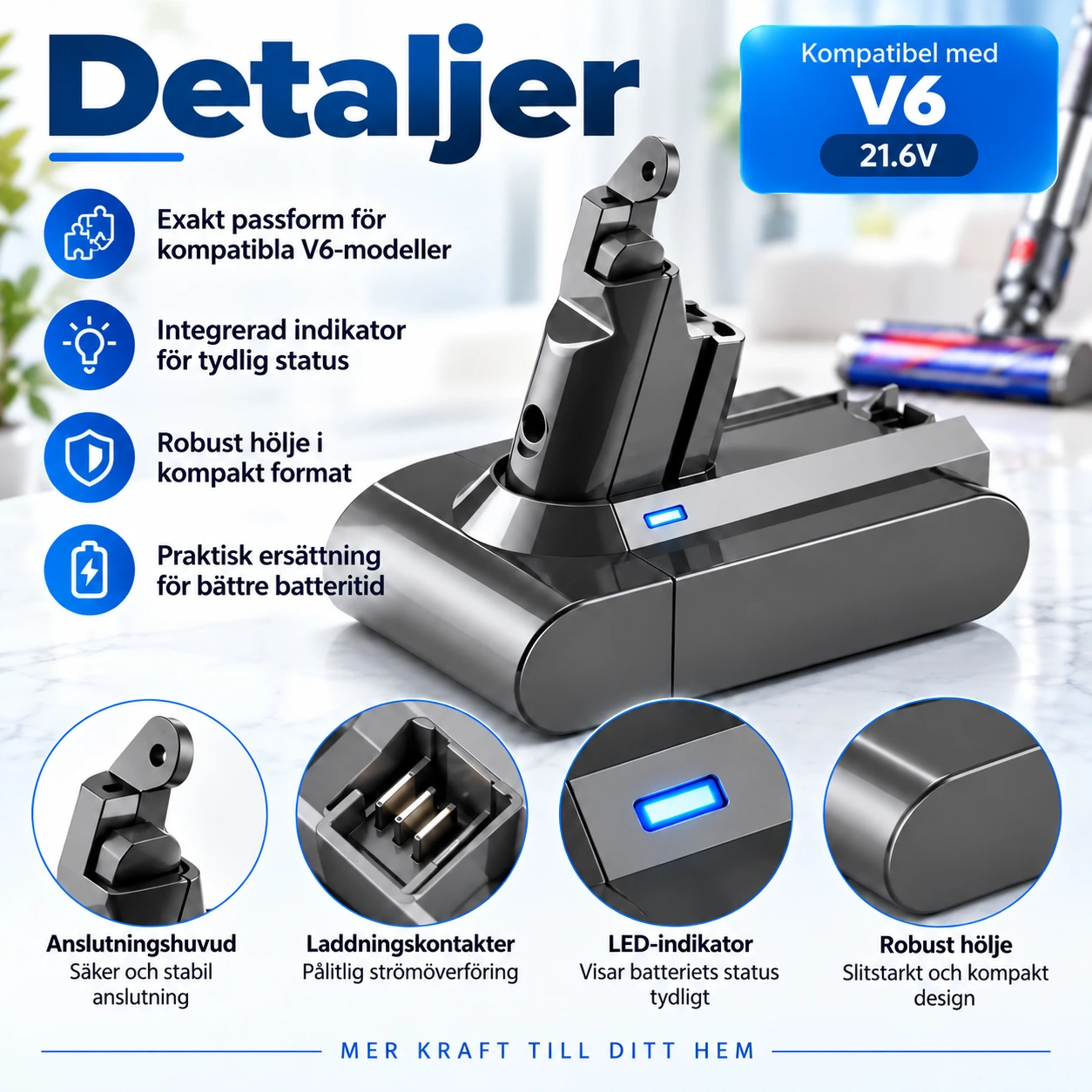Ersättningsbatteri kompatibelt med V6 21.6V