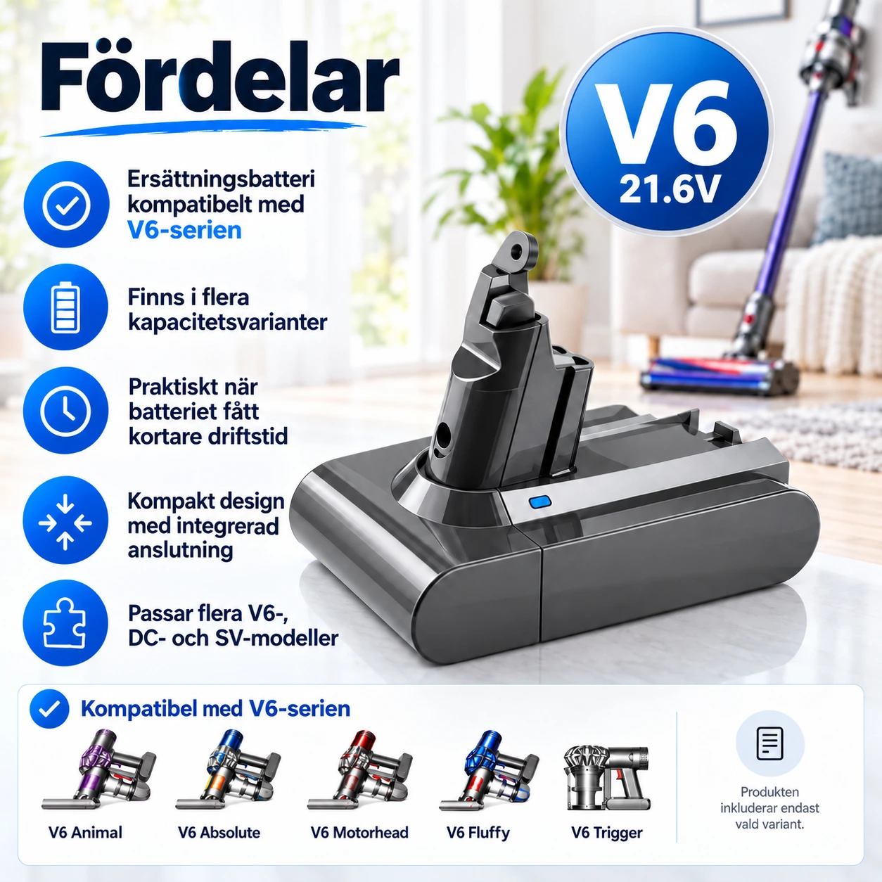 Ersättningsbatteri kompatibelt med V6 21.6V