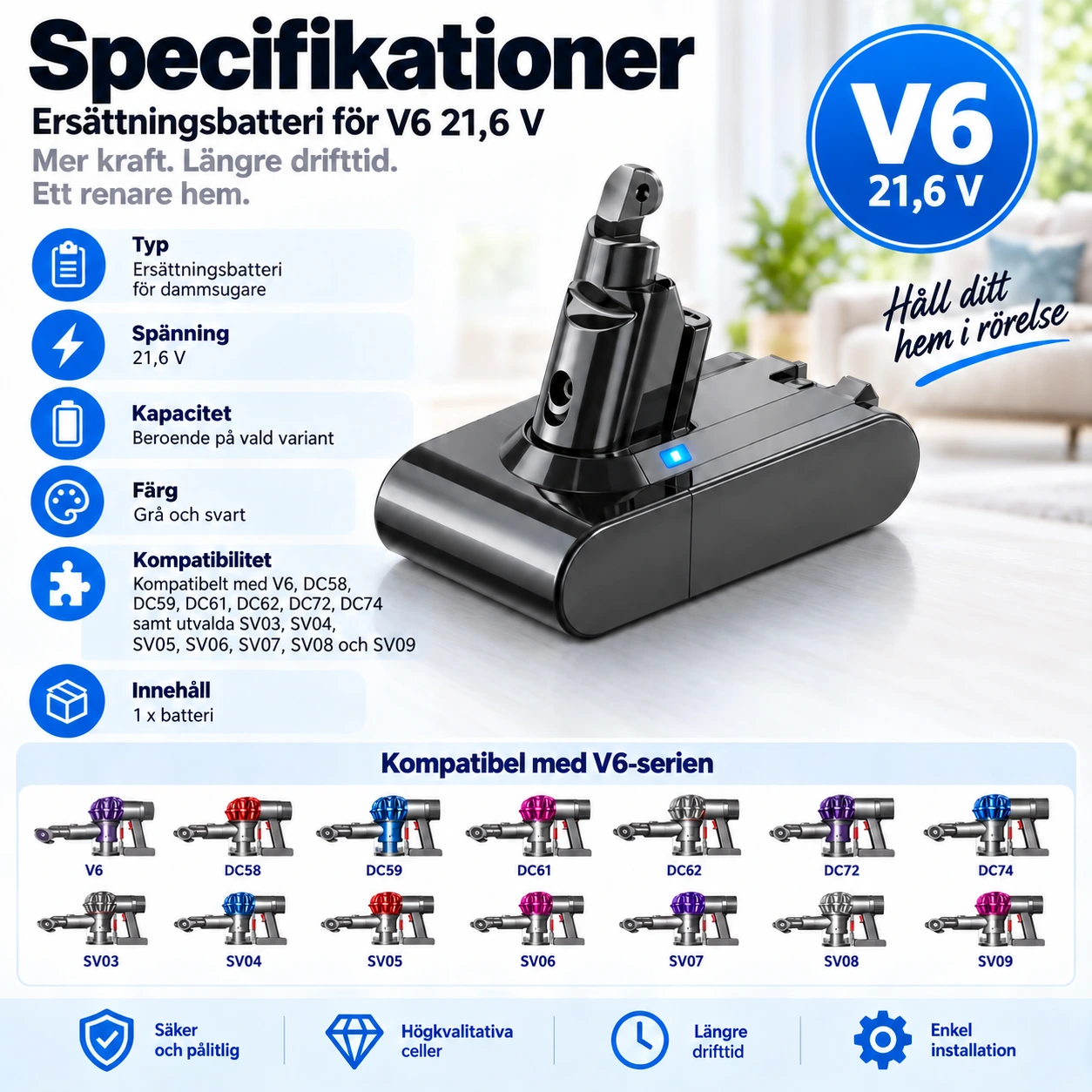 Ersättningsbatteri kompatibelt med V6 21.6V