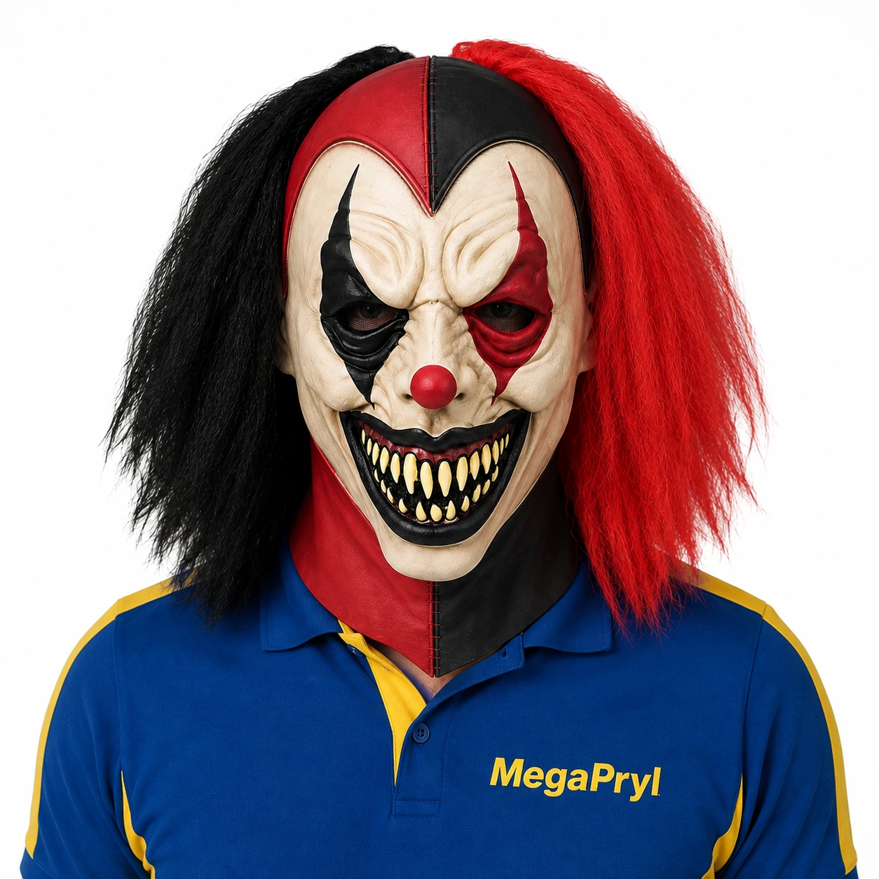 Clownmask för vuxna med peruk i rött och svart