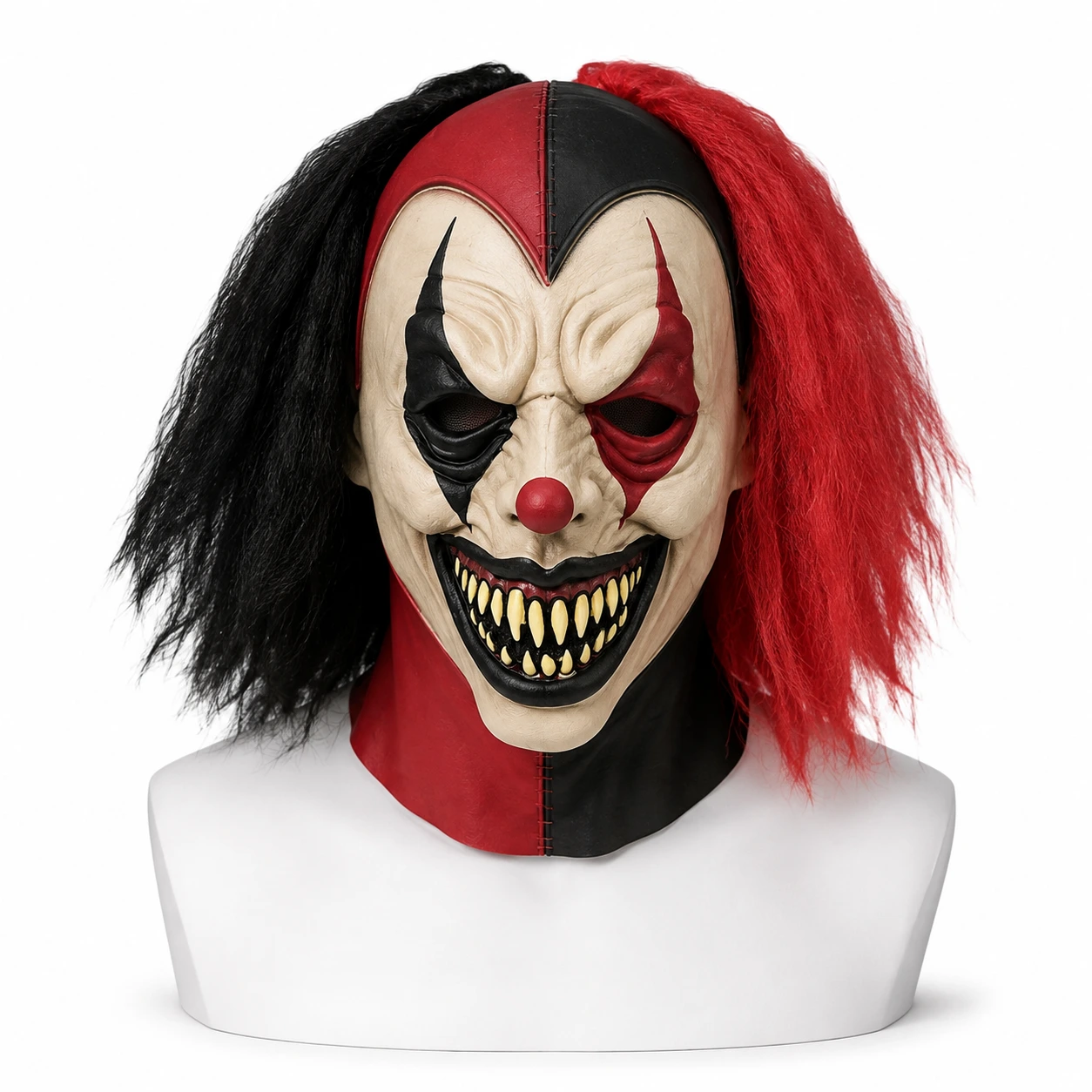 Clownmask för vuxna med peruk i rött och svart