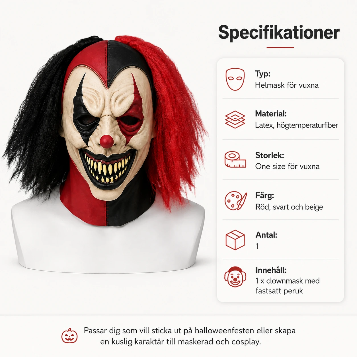 Clownmask för vuxna med peruk i rött och svart