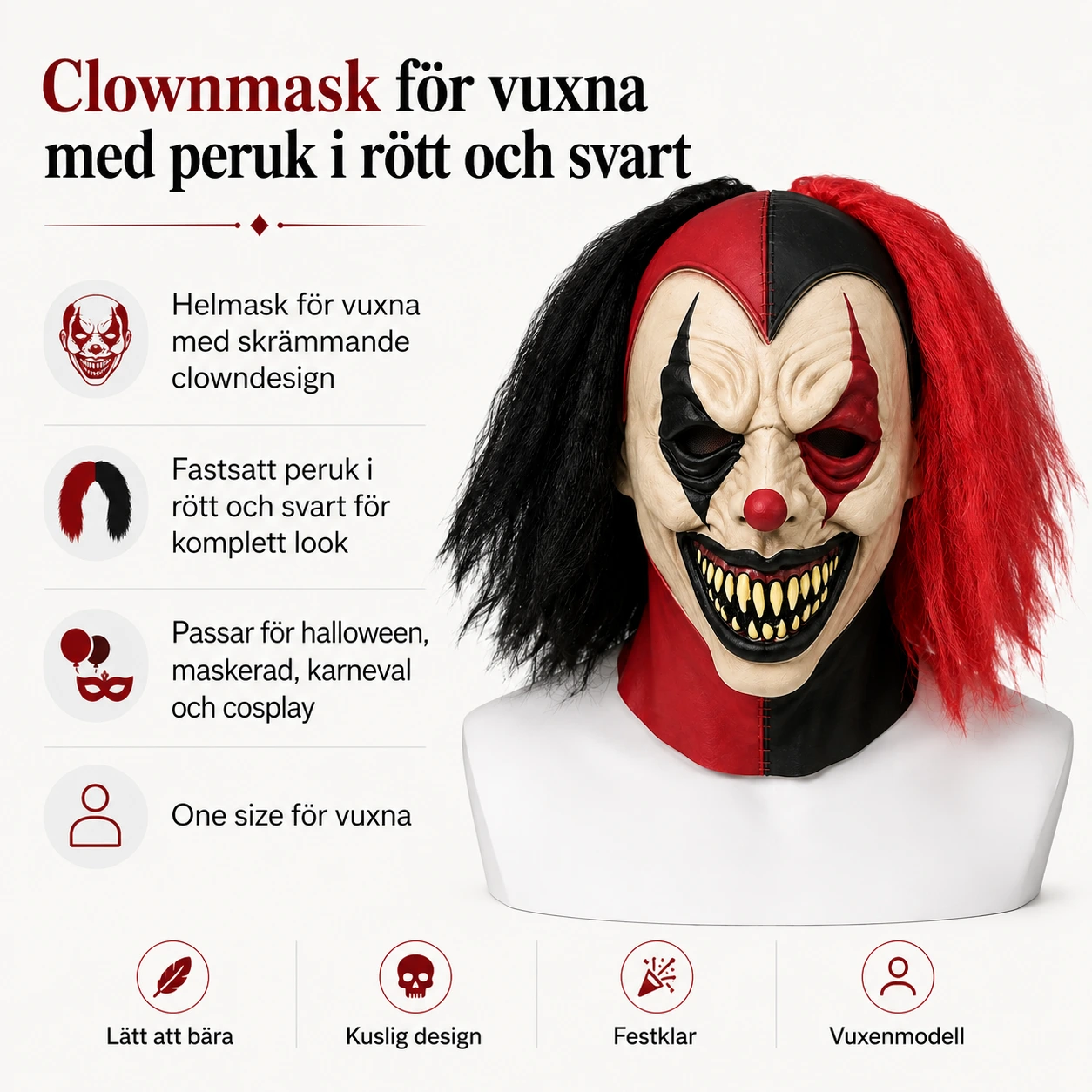 Clownmask för vuxna med peruk i rött och svart