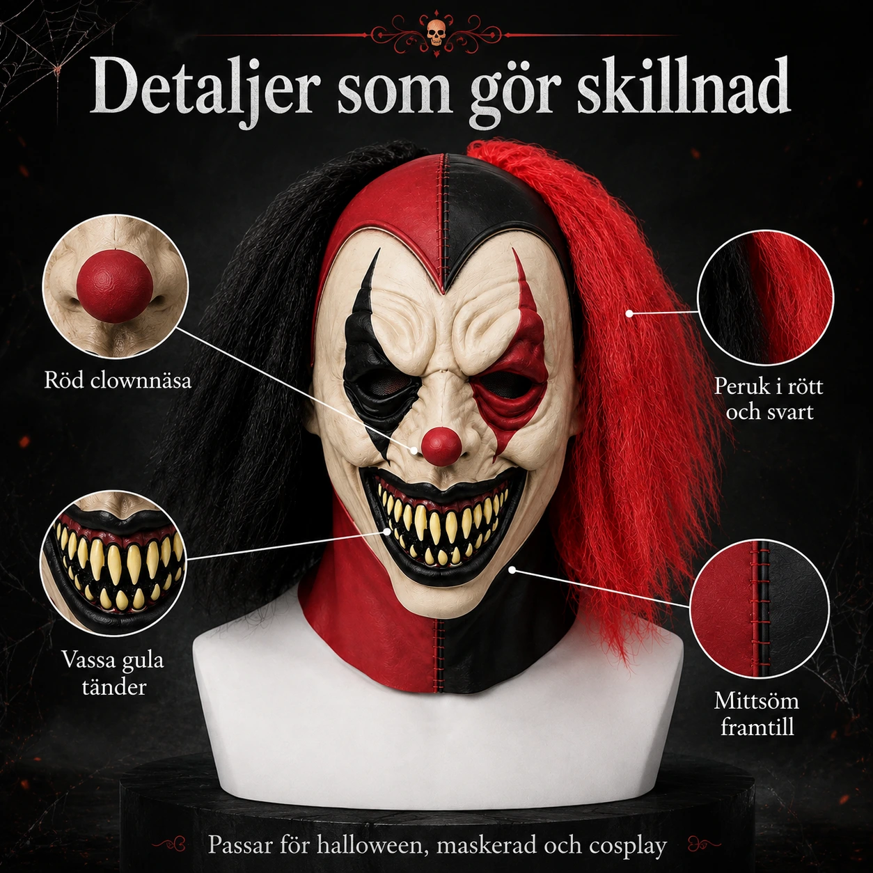 Clownmask för vuxna med peruk i rött och svart