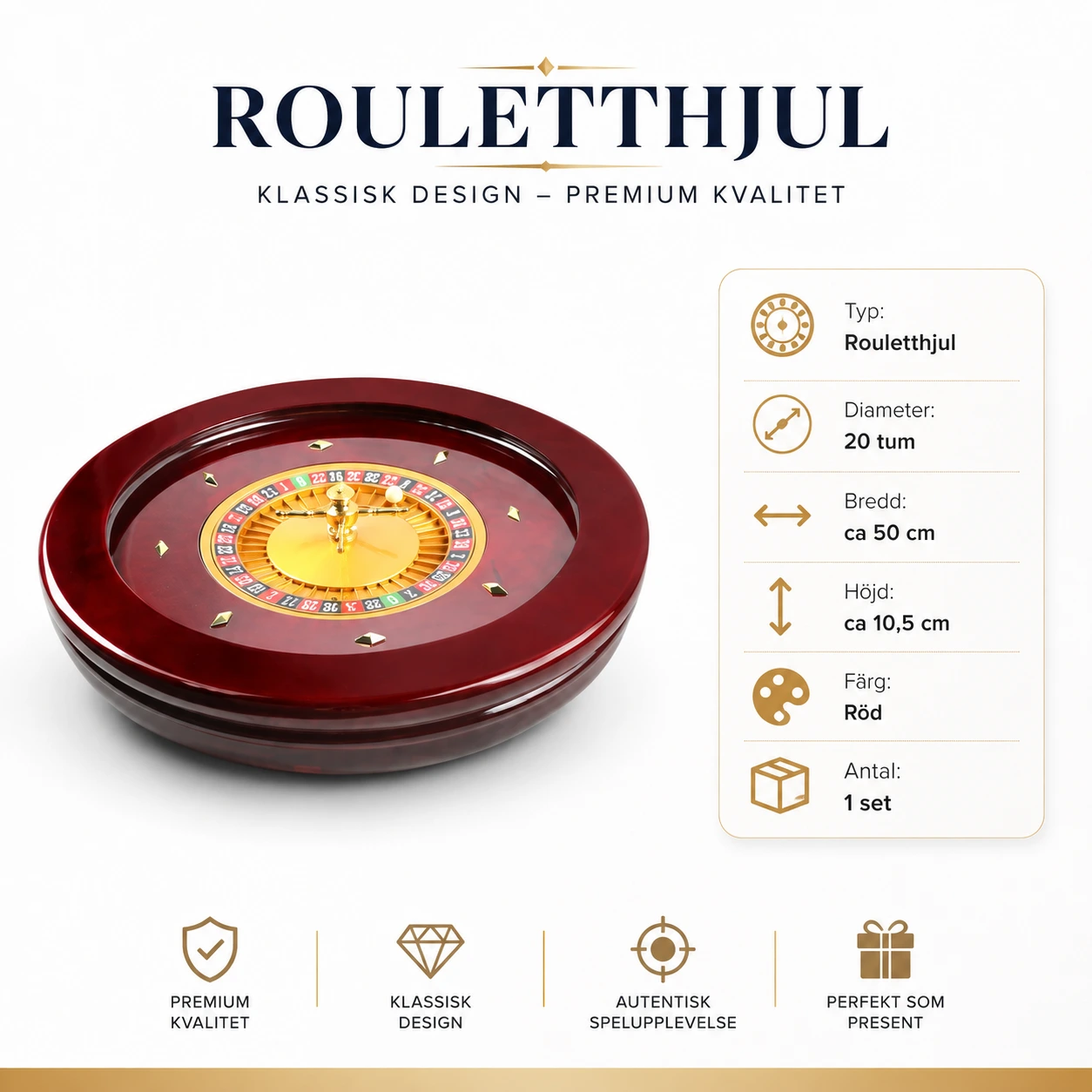 Rouletthjul 20 tum i trä med enkel 0 och dubbel 00