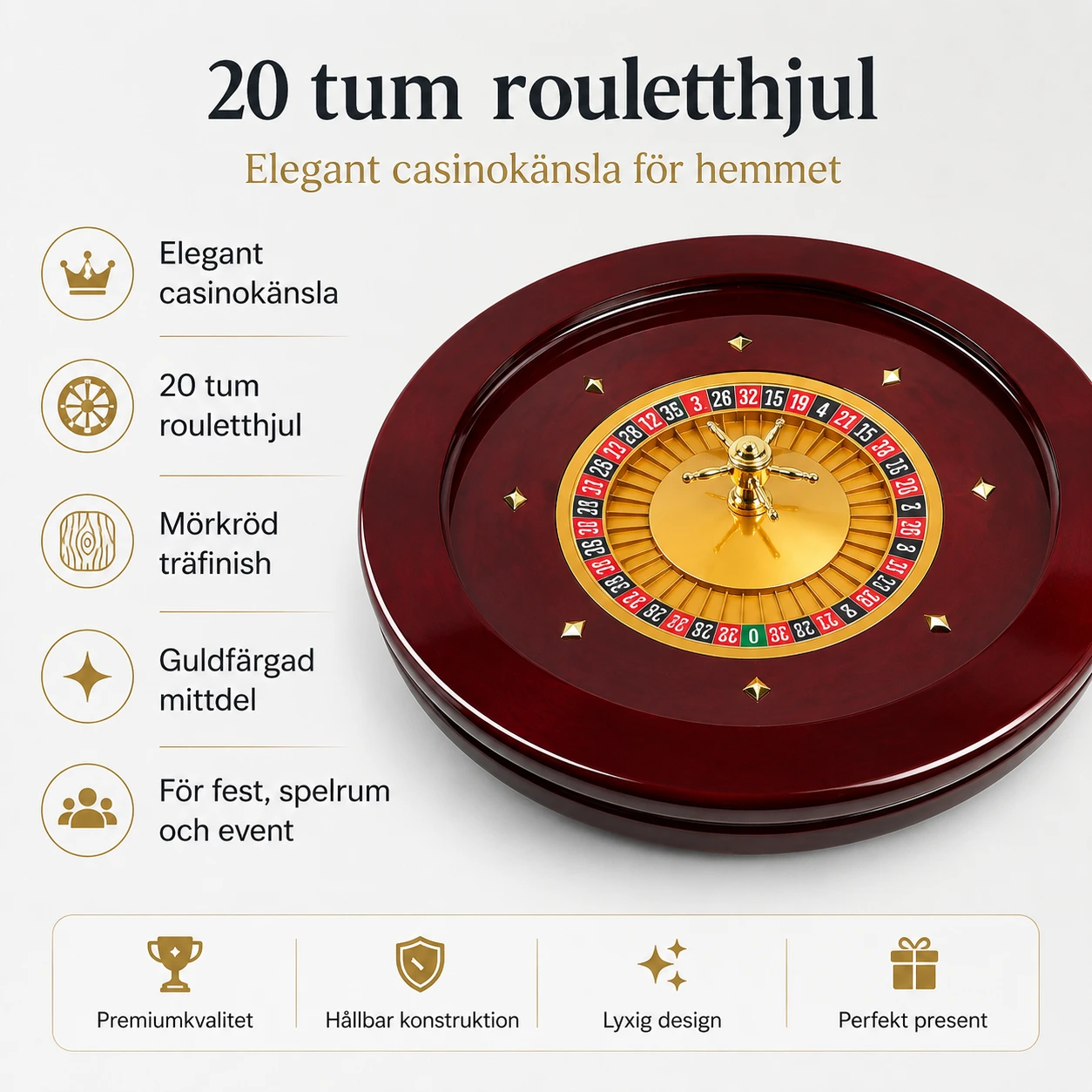 Rouletthjul 20 tum i trä med enkel 0 och dubbel 00