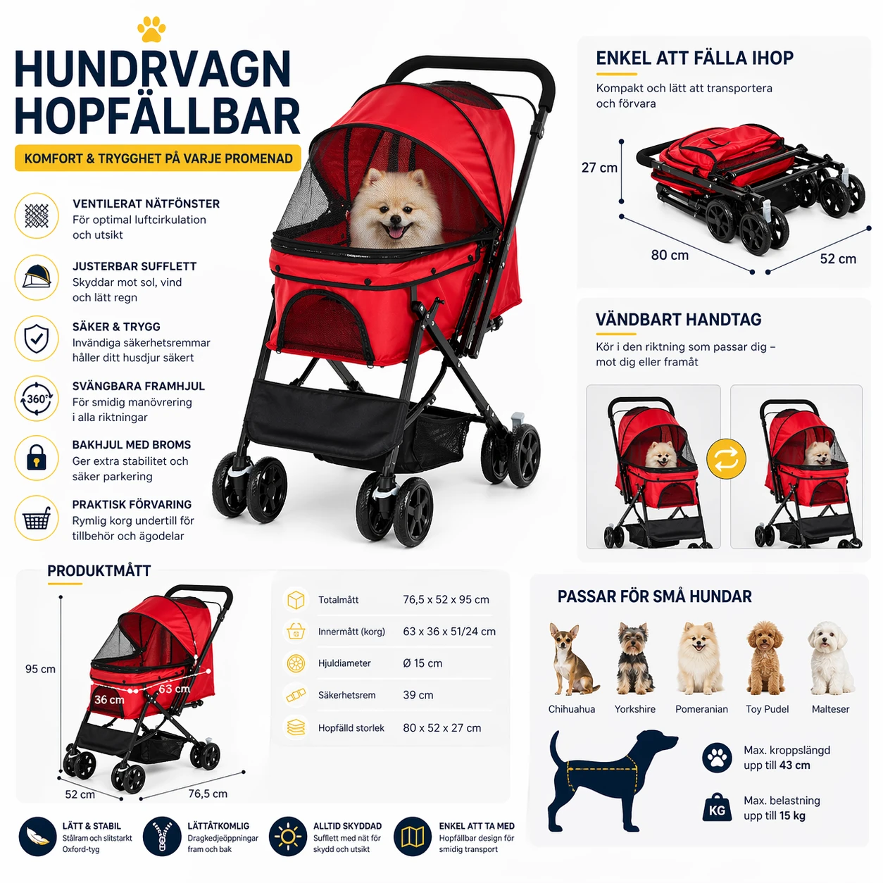 Hundvagn Hopfällbar – Ventilation & Justerbart Handtag