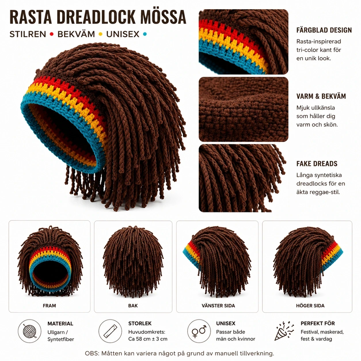 Dreadlock Mössa – Rasta Beanie med Fake Dreads