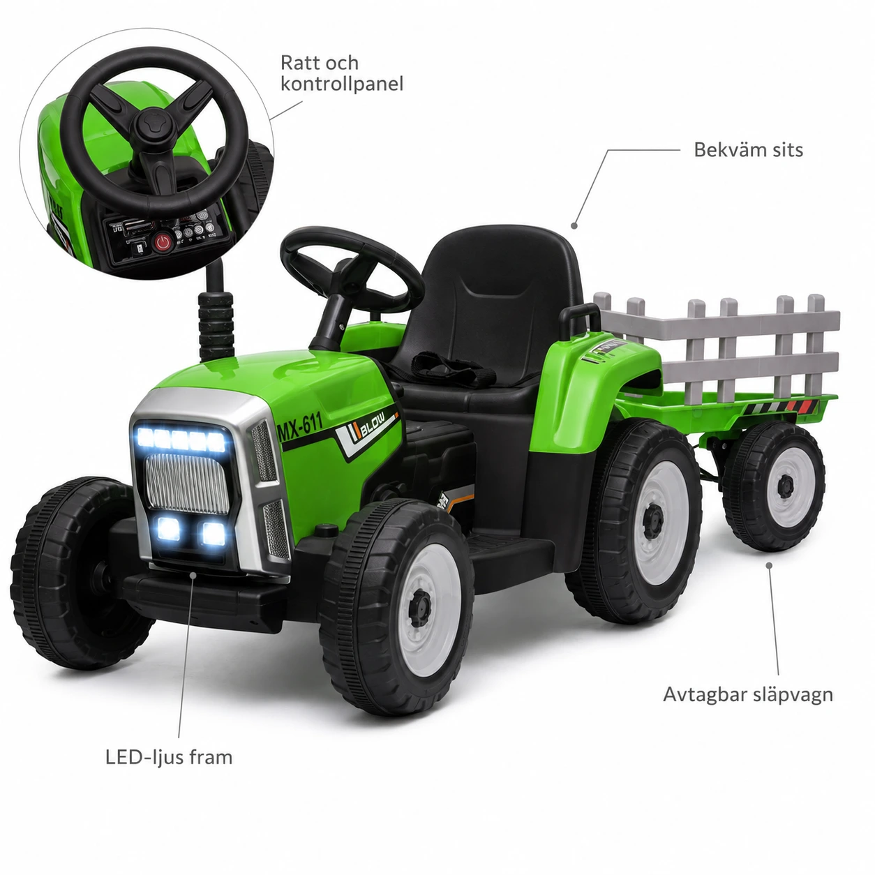 Elektrisk traktor för barn med avtagbar släpvagn