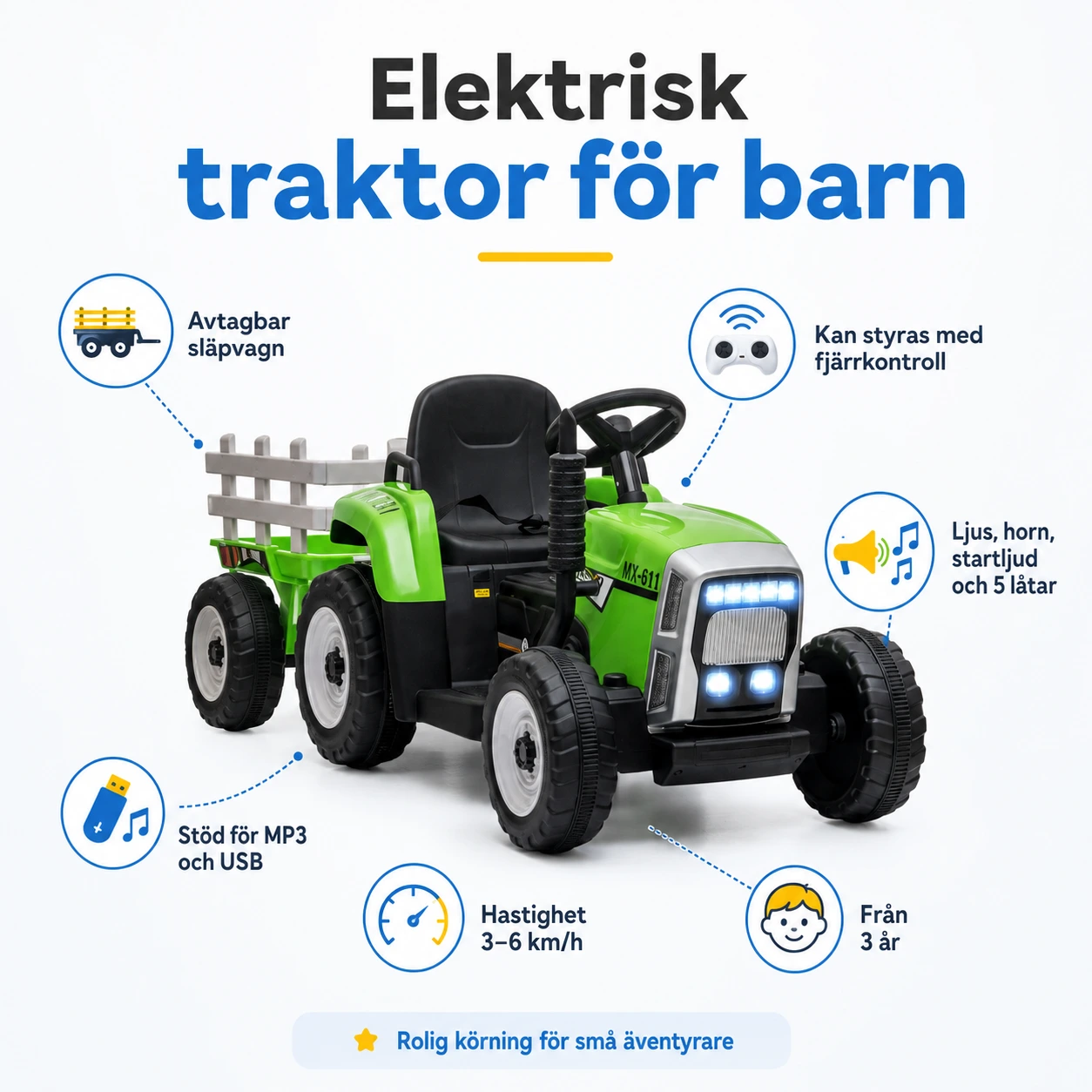 Elektrisk traktor för barn med avtagbar släpvagn