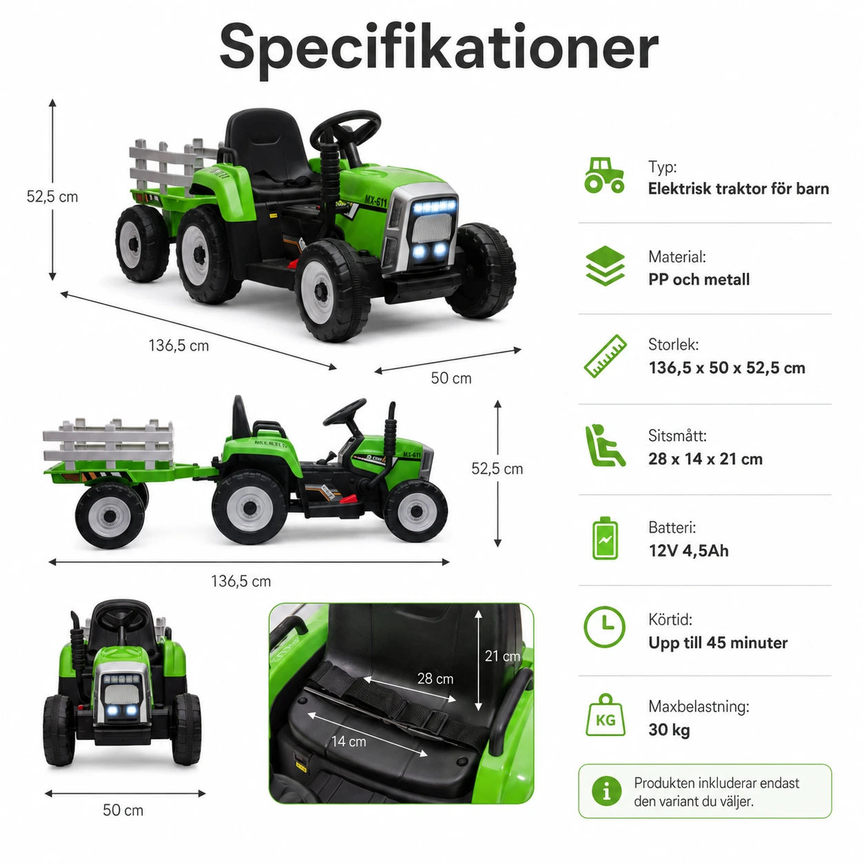 Elektrisk traktor för barn med avtagbar släpvagn