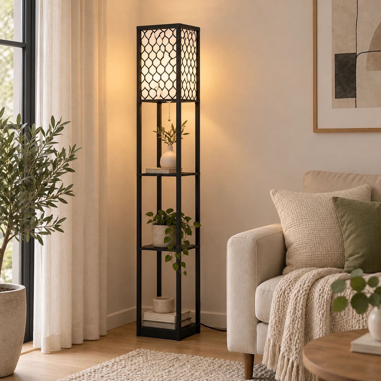Golvlampa med hyllor för vardagsrum och sovrum
