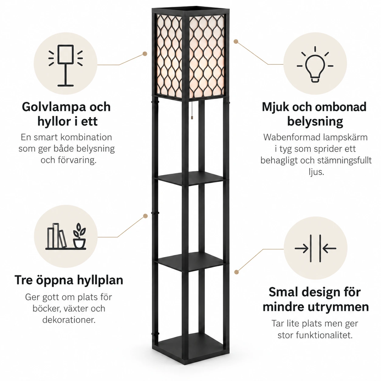 Golvlampa med hyllor för vardagsrum och sovrum
