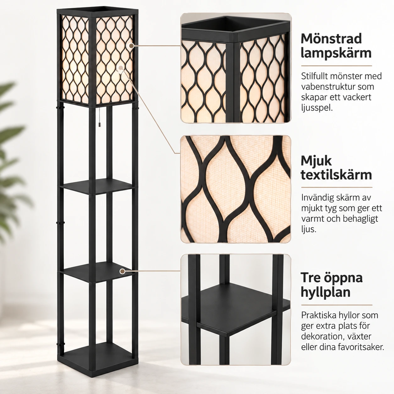 Golvlampa med hyllor för vardagsrum och sovrum