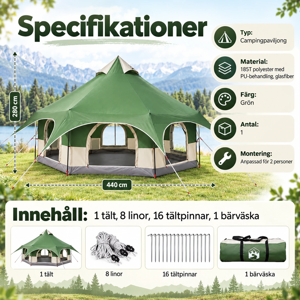 Campingpaviljong med bärväska och glasfiberstänger