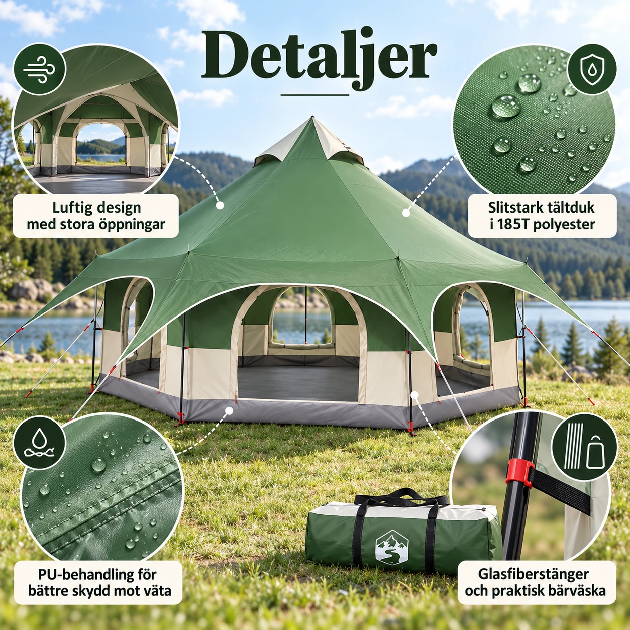 Campingpaviljong med bärväska och glasfiberstänger