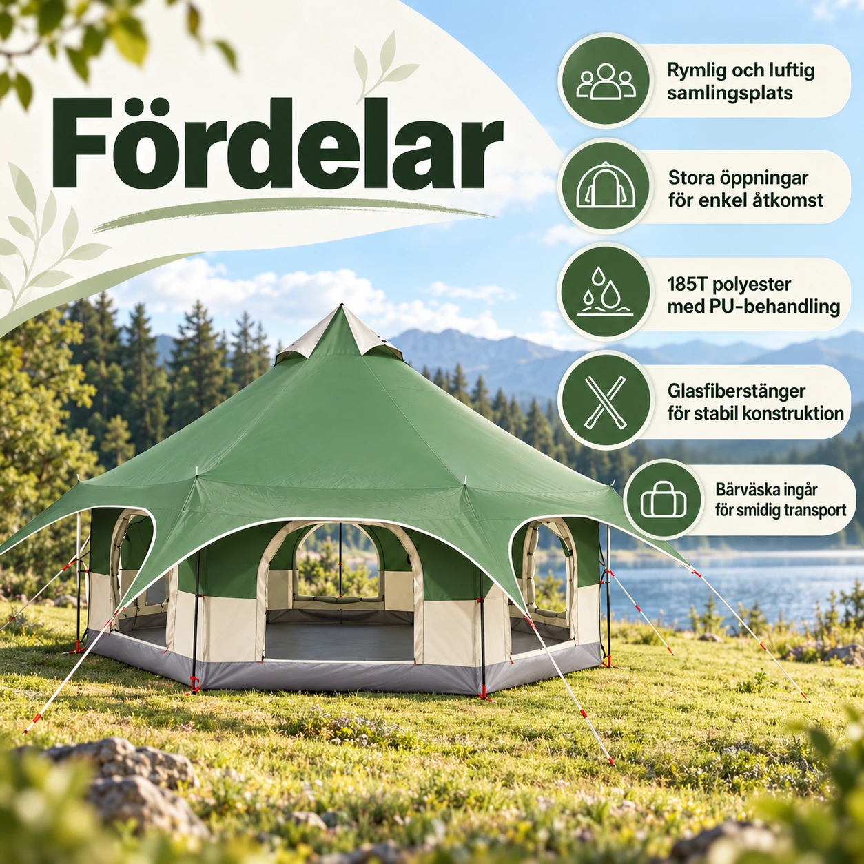 Campingpaviljong med bärväska och glasfiberstänger