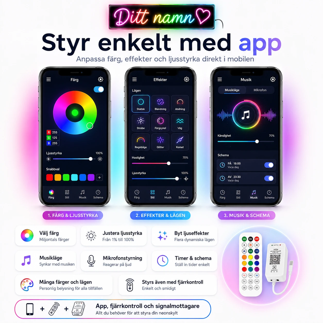 Neonskylt Personlig RGB – Eget Namn med App & Fjärrkontroll