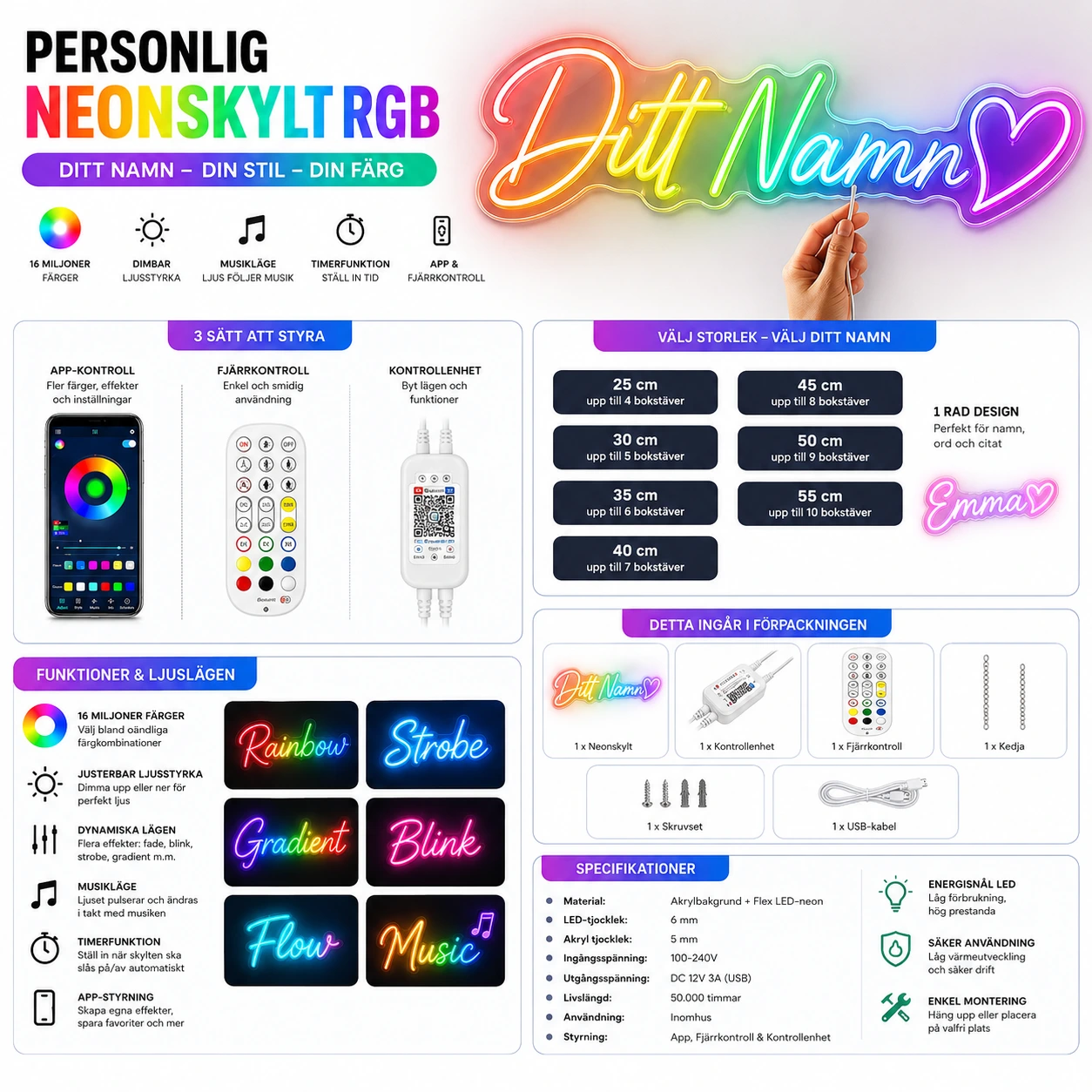 Neonskylt Personlig RGB – Eget Namn med App & Fjärrkontroll