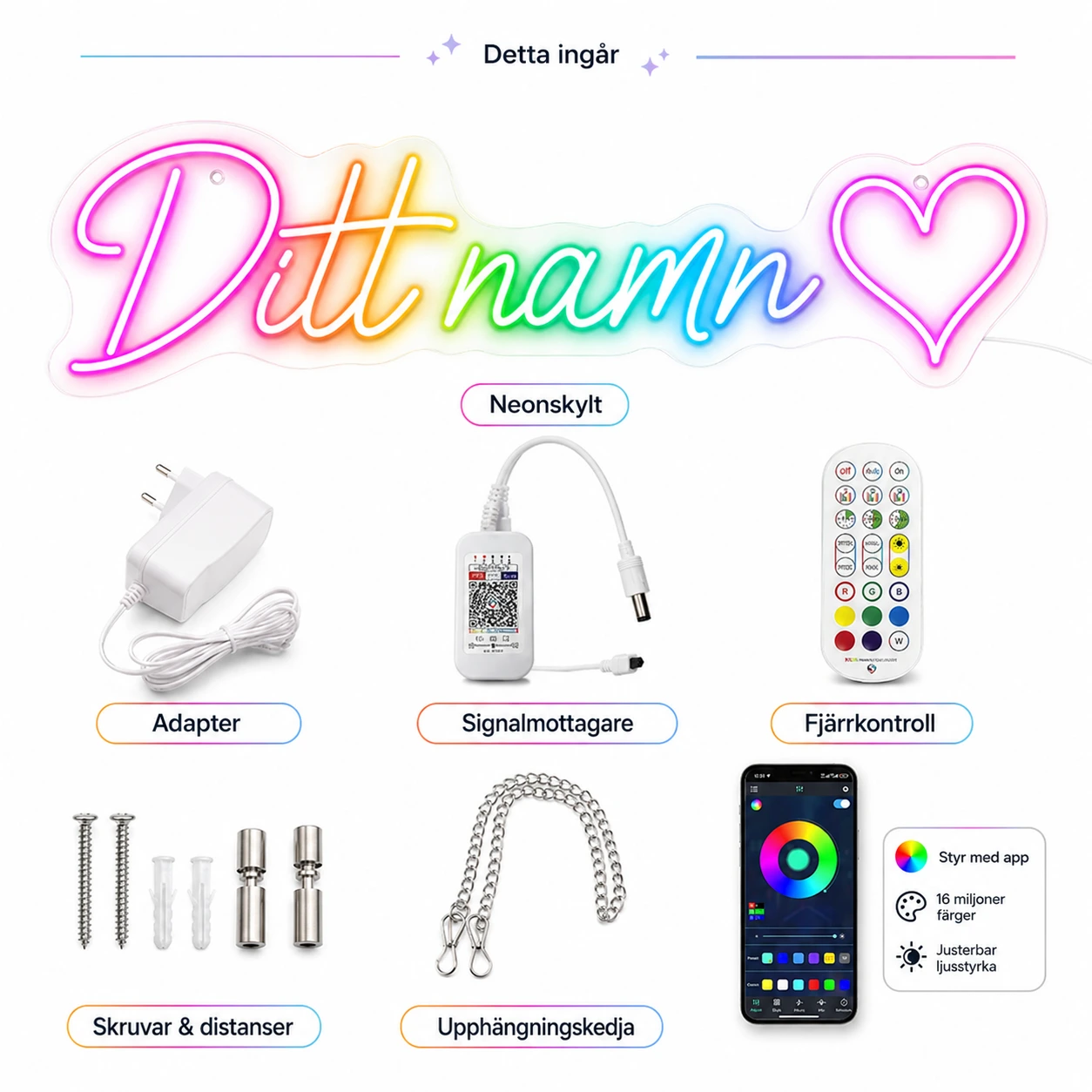 Neonskylt Personlig RGB – Eget Namn med App & Fjärrkontroll