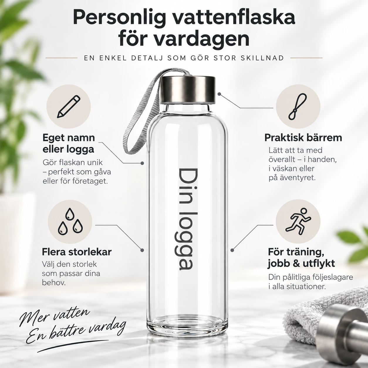 Vattenflaska med eget tryck för träning och vardag
